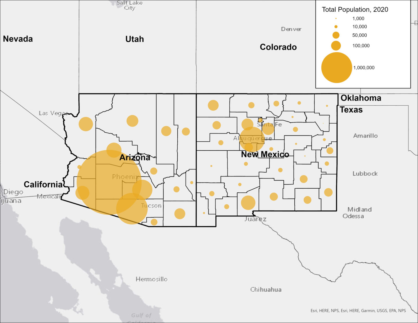 Growth And Migration In The American Southwest A Tale Of Two States PRB   UpdatedTotalPopMap3 1440x1113 